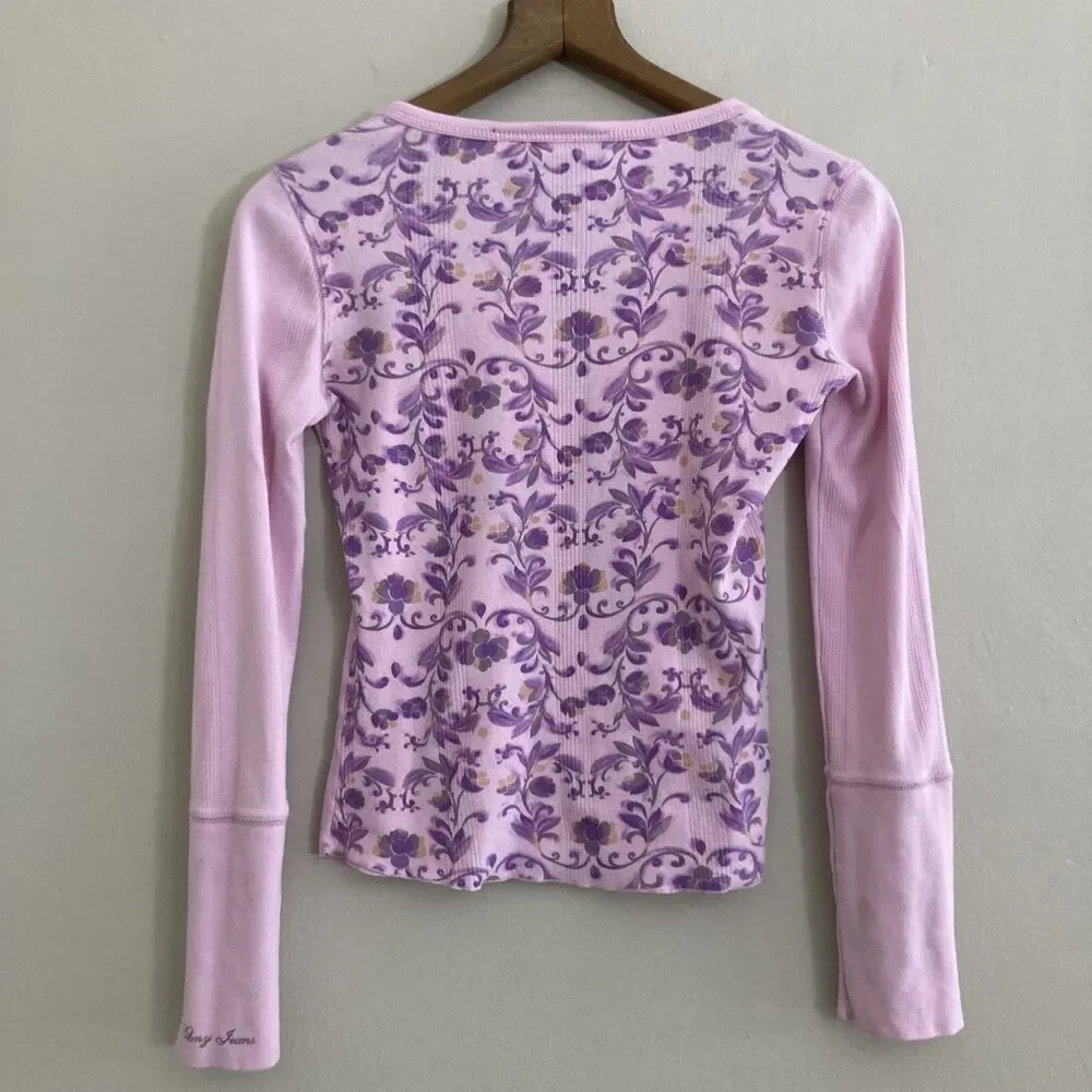 Vintage Fairy 2000s Y2K Henley DNKY Jeans Pink Floral Crystal Buttons Womens S/M - Picture 5 of 8